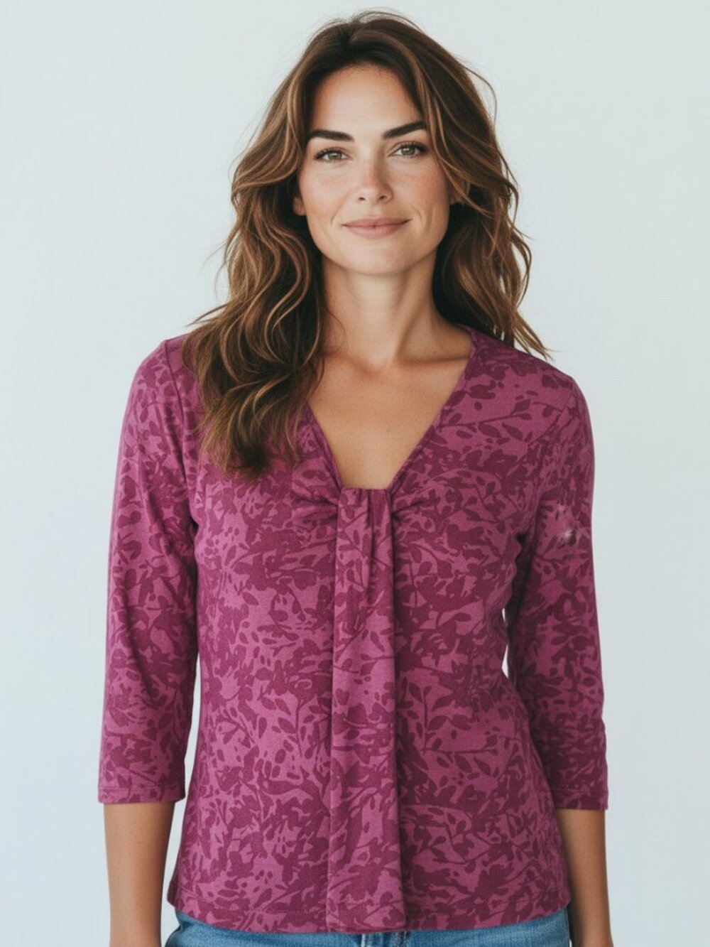 Willi Smith Fuchsia Floral Burnout Jersey Top M Semi Sheer Draped Front Feminine